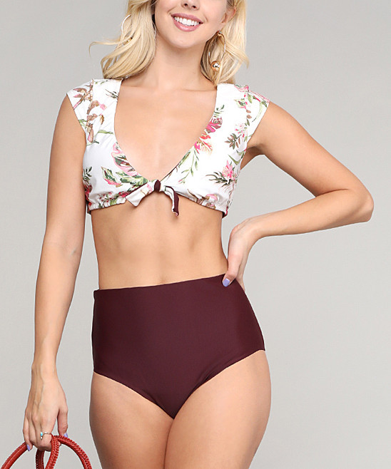 Marina West Women's Bikini Bottoms Lily - White Lily Cap-Sleeve Bikini Top & Reversible High-Waist B | Zulily