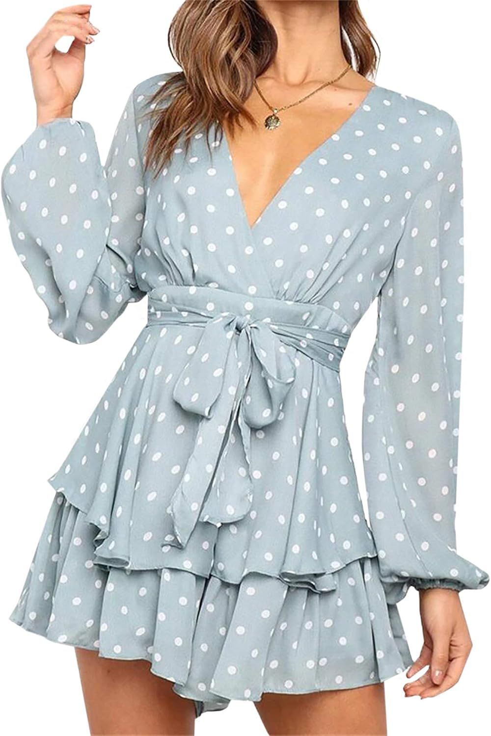 Relipop Women's Polka Dot Jumpsuits Deep V-Neck Long Sleeve Knot Front Ruffle Hem Floral Rompers | Amazon (US)