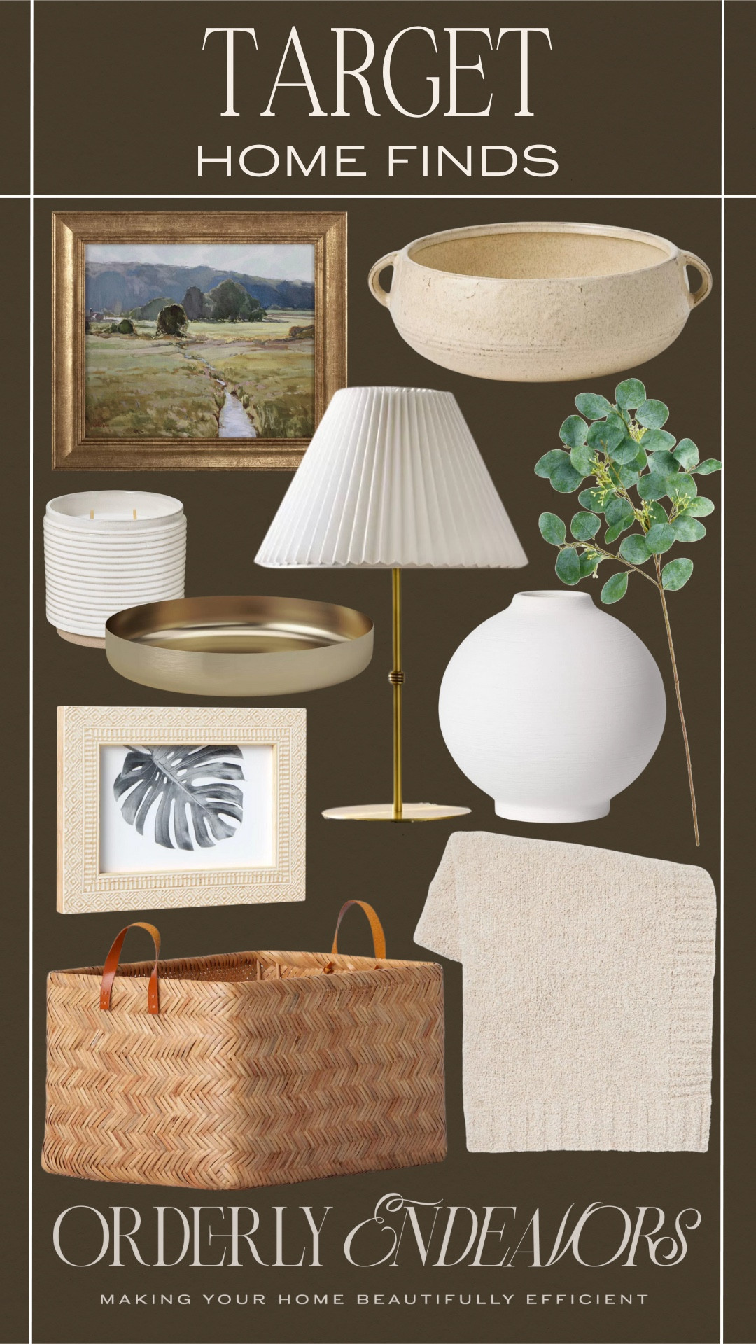 Target home finds include gold table lamp, vase, greenery stem, frame, blanket, basket, gold tray, candle, wall art, decorative bowl.

Home decor, neutral home decor, Target finds, Target home

#LTKHome #LTKStyleTip #LTKFindsUnder100