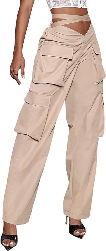 OYOANGLE Women's High Waist Flap Pocket Cargo Pants Fashion Y2K Streetwear Baggy Trousers | Amazon (US)