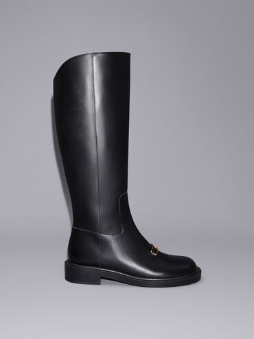 Black Gabine Leather Interlocking-Accent Knee-High Boots | CHARLES & KEITH UK | Charles & Keith UK