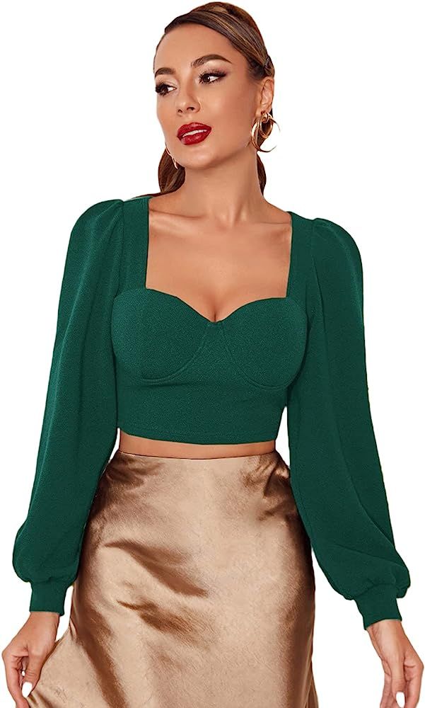 SheIn Women's Elegant Sweetheart Neck Lantern Long Sleeve Solid Crop Top Blouse | Amazon (US)