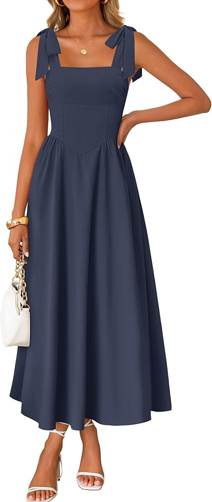ZESICA Women's Summer Spaghetti Strap Maxi Dress 2026 Tie Shoulder Square Neck Flowy Wedding Gues... | Amazon (US)