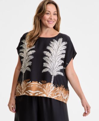 Vince Camuto Plus Size Placed-Print Boat-Neck Caftan Blouse - Macy's | Macy's