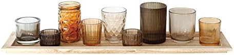 Creative Co-Op Natural Wood Tray with 9 Unique Glass Votive Candle Holders, 22" x 5.5", Beiges | Amazon (US)