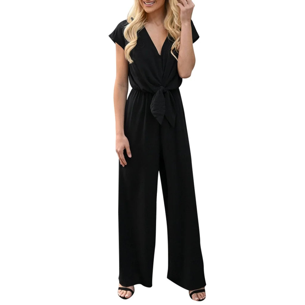 Women's Jumpsuits Romper Casual Summer V Neck Lace Up Short Sleeve Playsuit Overalls | Walmart (US)