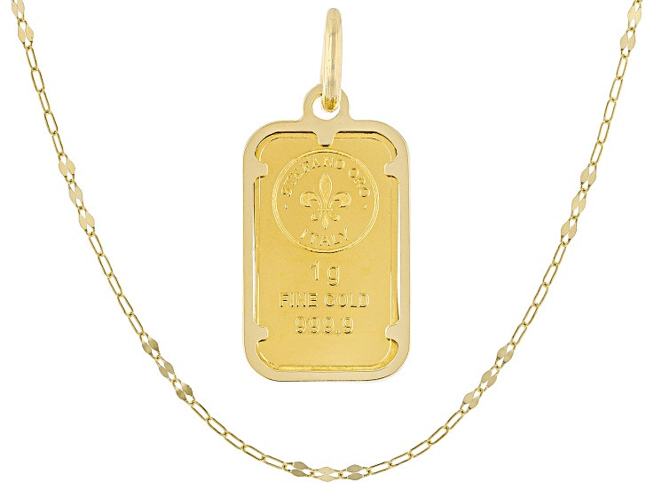 24k Yellow Gold 1g Ingot with 14k Gold Frame Pendant and 1.65mm Petali 18" Chain Set - AUK039 | JTV Jewelry