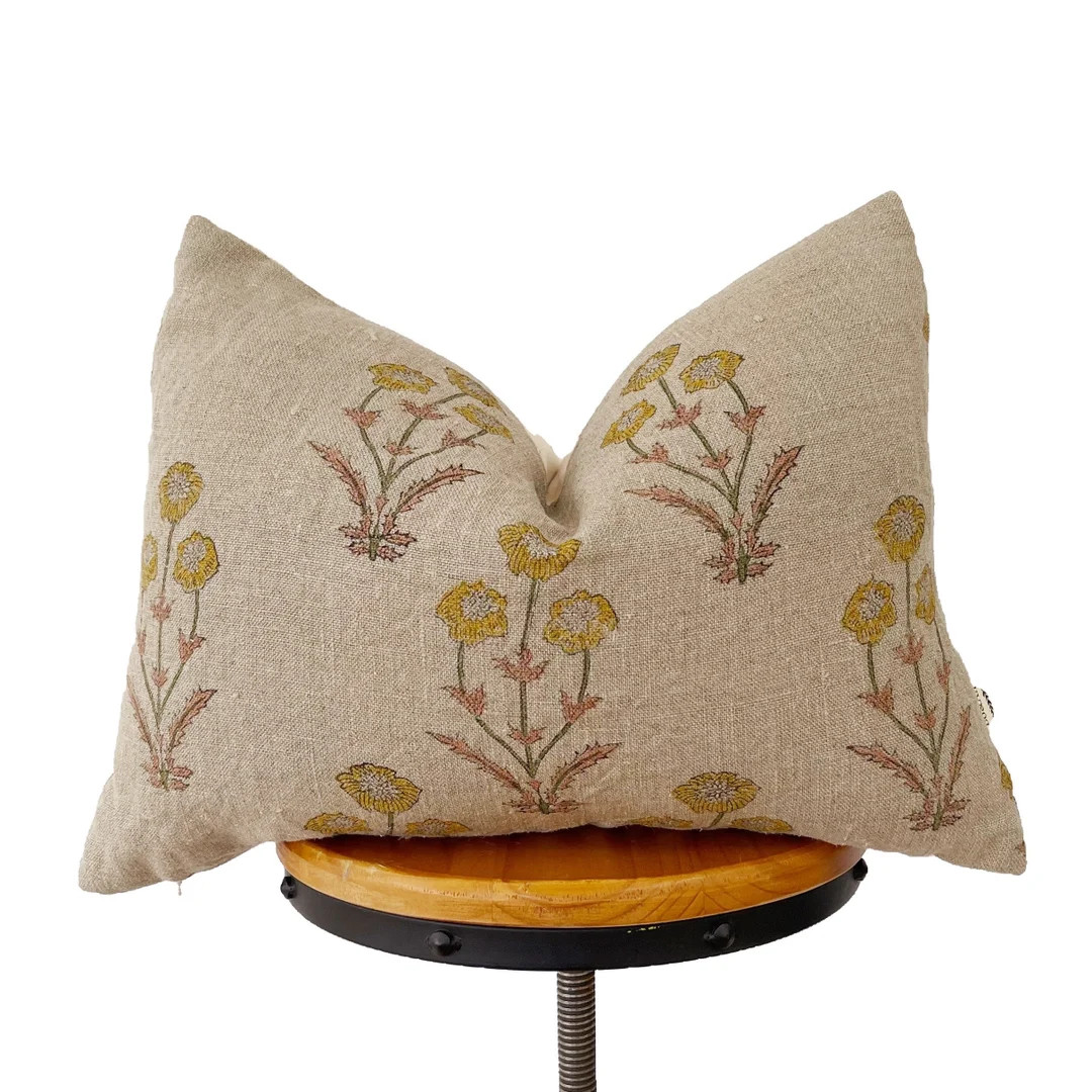 Hand Block Print Pillow Cover,green and Natural Floral Pillow Cover ,natural Linen Lumbar Pillow ... | Etsy (US)