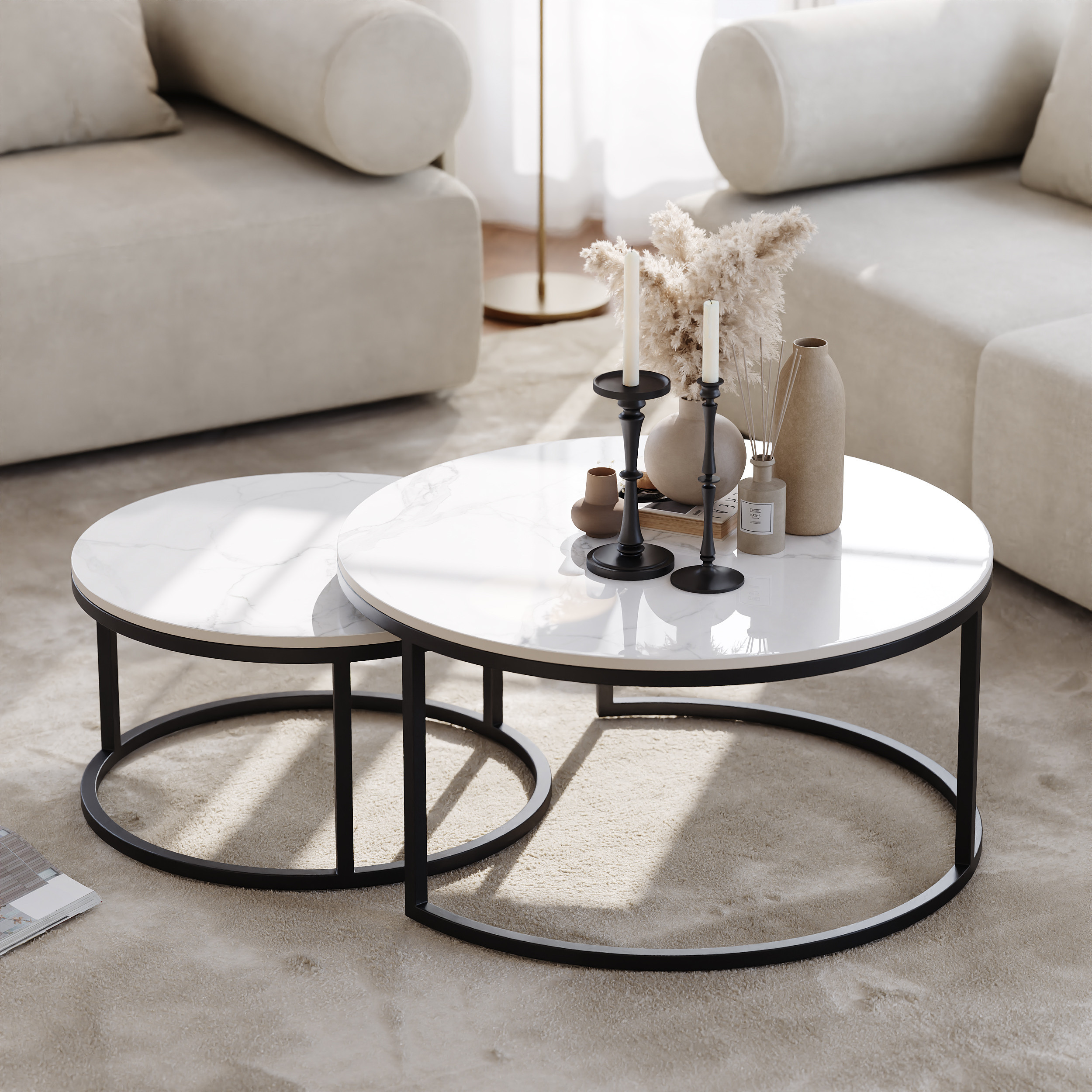 Round Sinterstone and Metal Coffee Table Set in White and Black with Nesting Design, 80 cm Modern Living Room Table | Homary