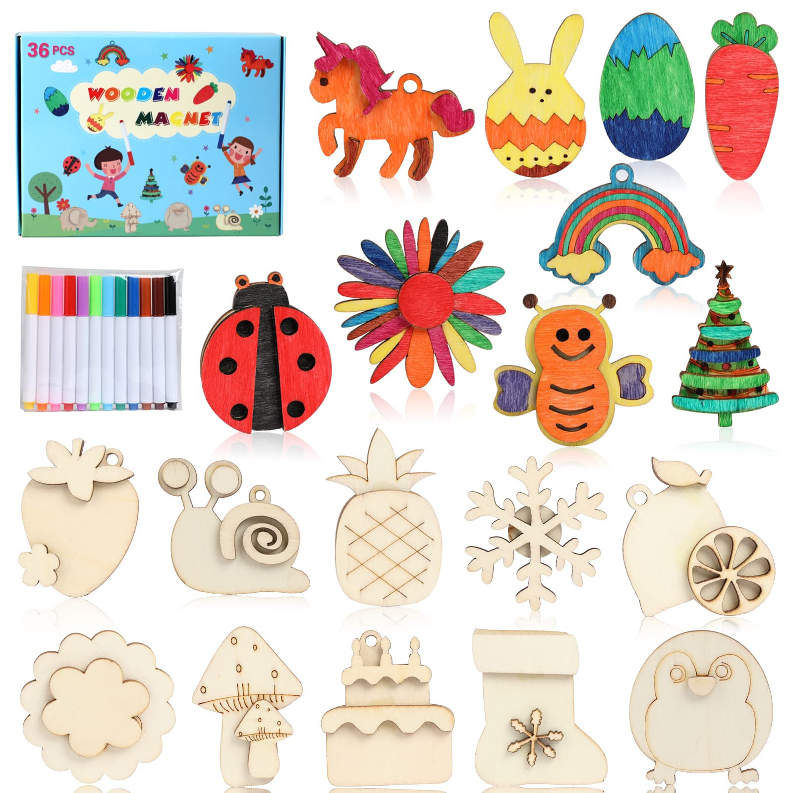 Worgree DIY Wooden Magnets, 36 pcs Wooden Art Craft Supplies Painting Kit for Kids Party Favors f... | Amazon (US)