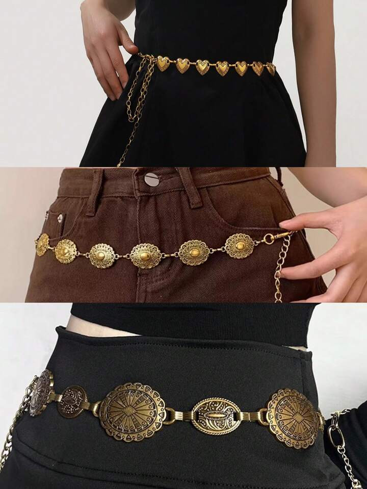 Vintage Round Shaped Embossed Decorated Chain Belts For Women, 2024 Summer Boho Style Fashion All... | SHEIN