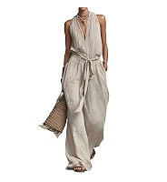 Womens Linen Jumpsuit Halter Sleeveless V-Neck Loose Fit Top Wide Leg Pants Casual Jumpsuit Summe... | Amazon (US)