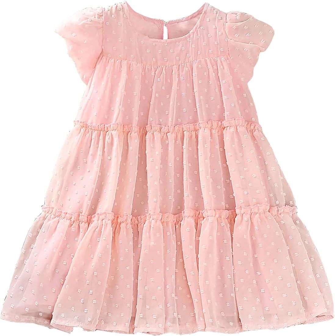 AGQT Toddler Girls Ruffle Dress Short Sleeve Flower Girls Swiss Dots Flowy Pleated Party Dress Si... | Amazon (US)