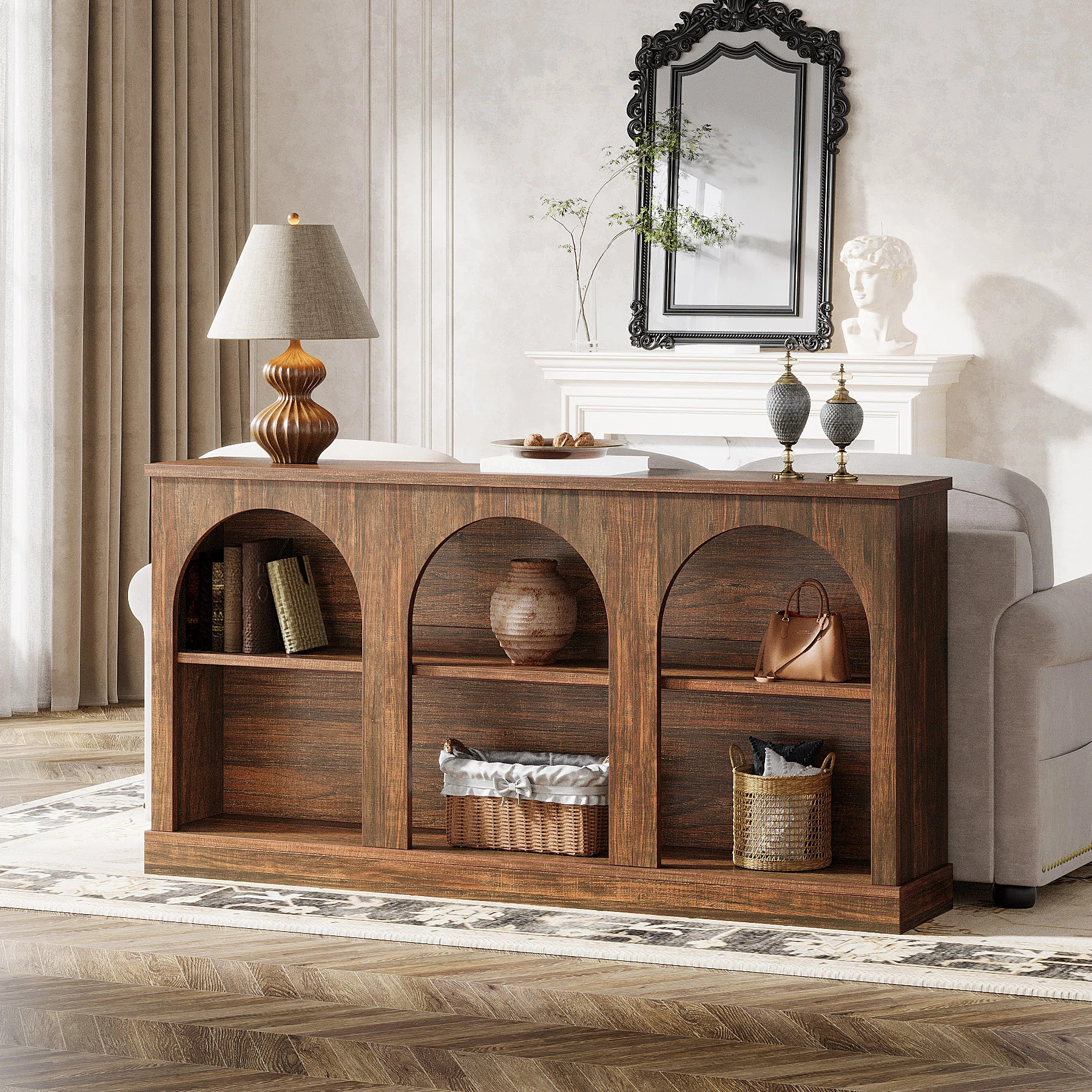 63-Inch Long Farmhouse Wooden Rectangular Entryway Console 3 Tier Storage Sofa Table Behind Couch | Wayfair North America