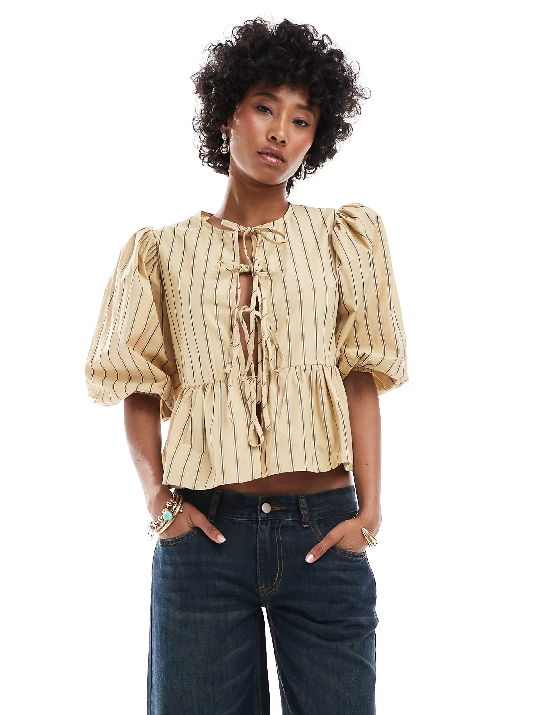 Glamorous smock top with bow front in beige brown stripe | ASOS (Global)