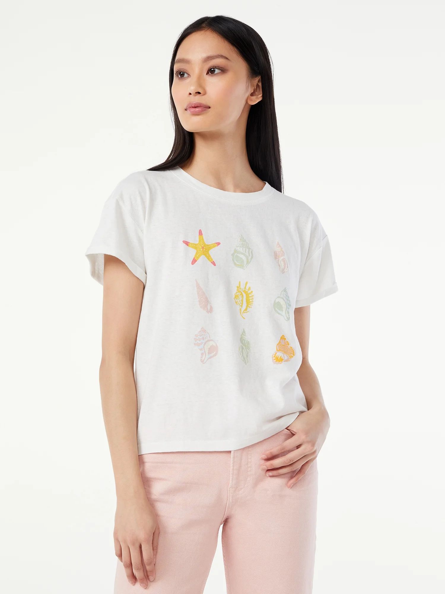 Free Assembly Women's Graphic Print Tee with Cuffed Short Sleeves - Walmart.com | Walmart (US)