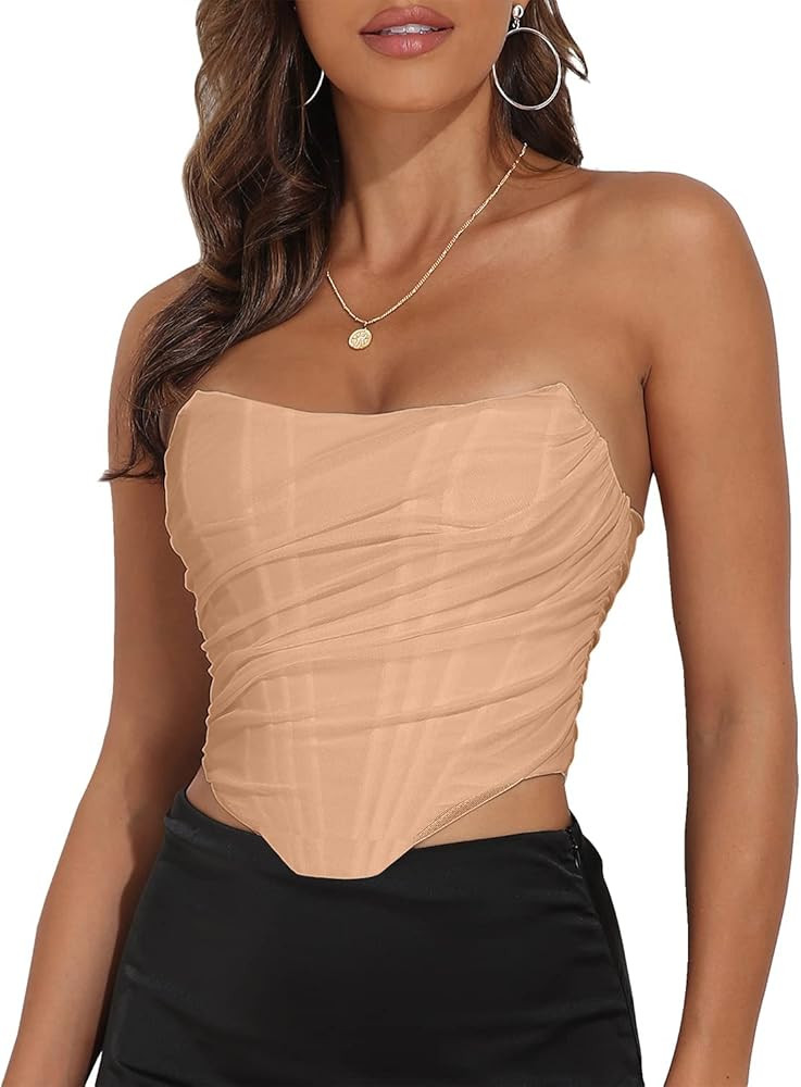 Women's Vintage Strapless Open Back Boned Mesh Bustier Zip Back Corset Bodyshaper Crop Top | Amazon (US)