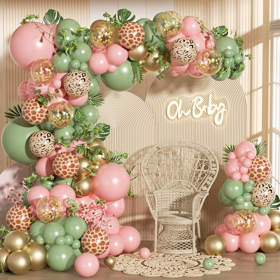 Jungle Safari Balloon Garland Arch Kit, Sage Green Pink Metallic Gold Confetti Balloons for Jungl... | Amazon (US)