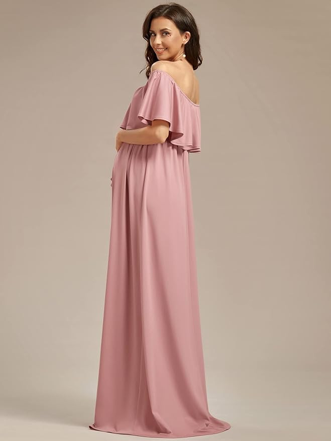 Ever-Pretty Women's Off Shoulder Puff Sleeve Ruched Waist A Line Floor Length Maternity Casual Dr... | Amazon (US)