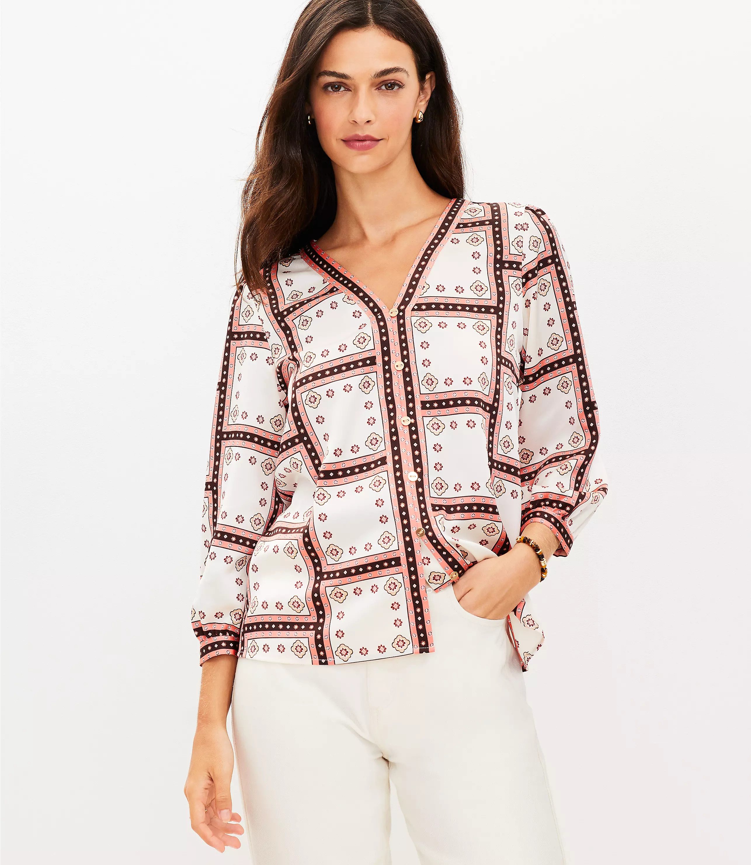 Windowpane V-Neck Button Blouse | LOFT