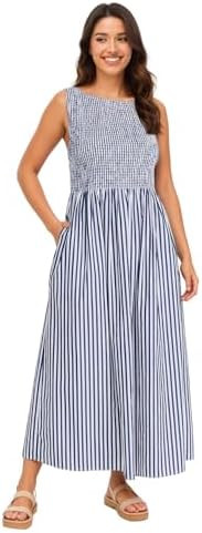 Women Spaghetti Strap Smocked Maxi Dresses Flowy Striped Summer Vacation Dress A-Line Beach Sundr... | Amazon (US)