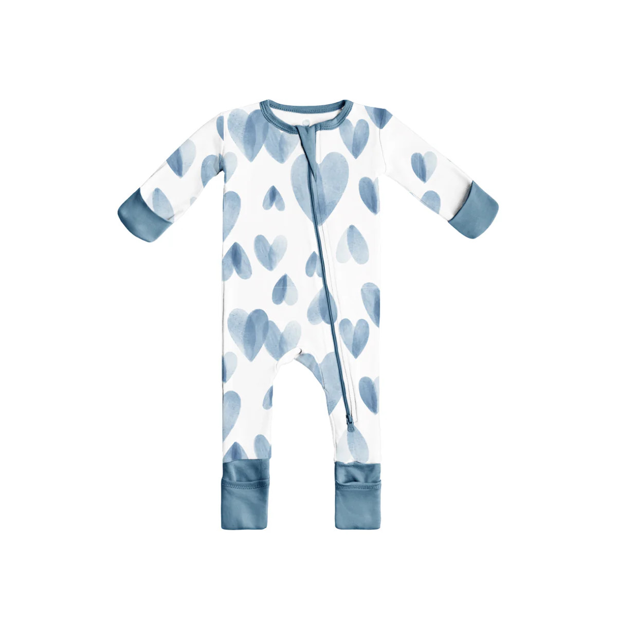 Baby Bamboo Pajamas w/ DreamCuffs® - Ocean Blue Hearts | Dreamland Baby