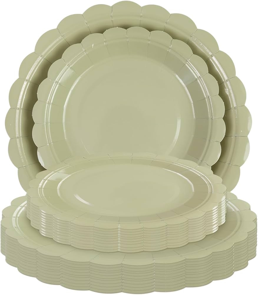 Sage Green Paper Plates 25 * 7" &25 * 9" Party Cake Dessert Scalloped Paper Plates Disposable Par... | Amazon (US)