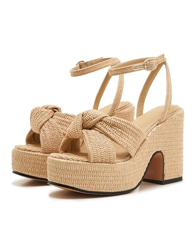Natural Raffia Platform Sandals for Women – Woven Block Heel with Ankle Strap, Open Toe Summer ... | Amazon (US)