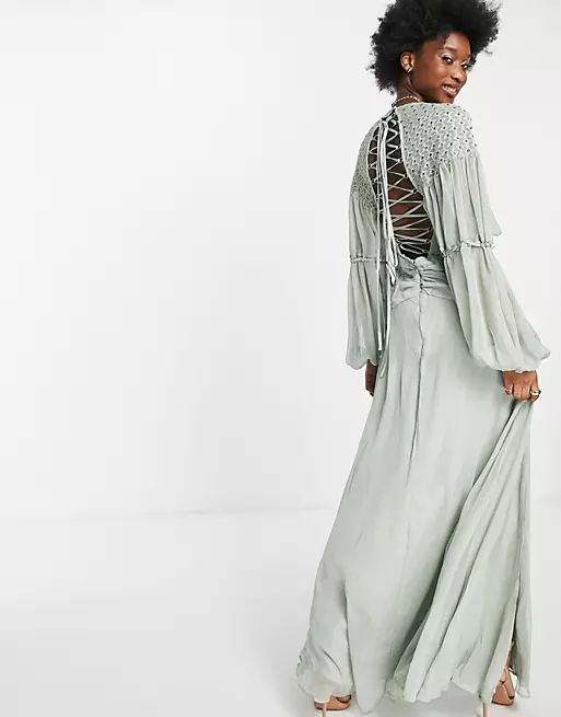 ASOS DESIGN maxi dress with embellished lace and satin ring detail in sage | ASOS (Global)