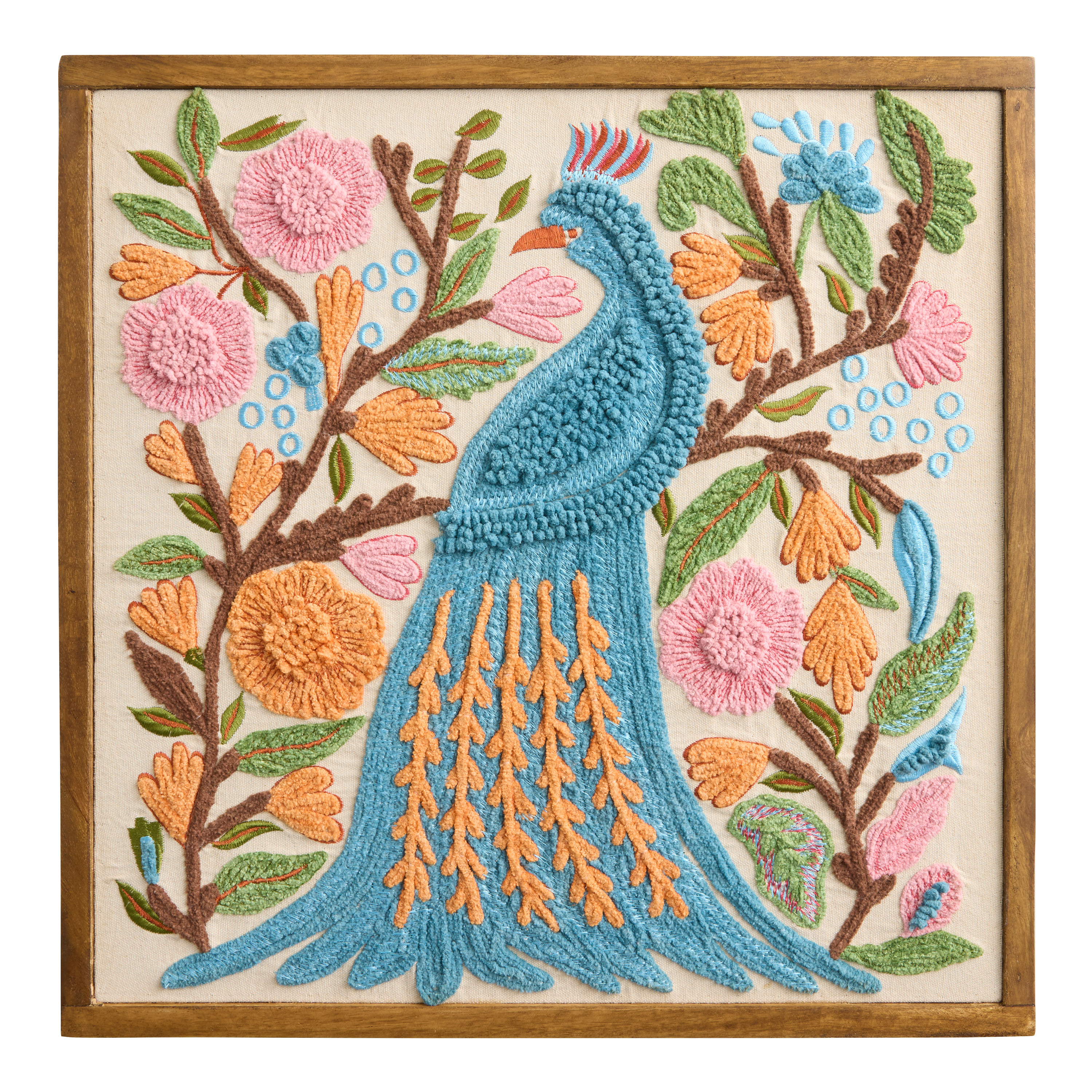 Blue Peacock Embroidered Cotton Framed Wall Art | World Market