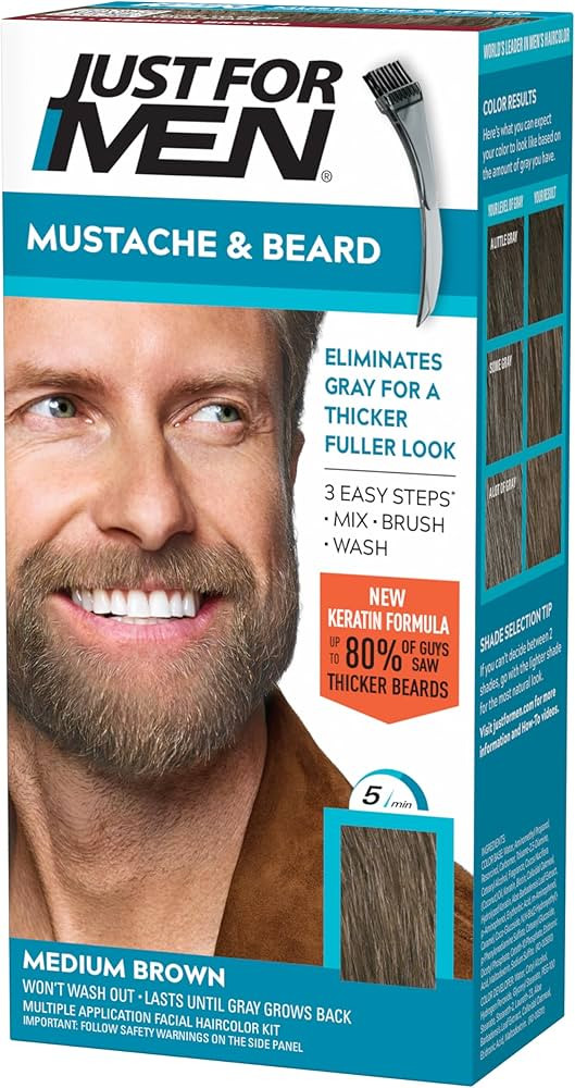 Just For Men Mustache & Beard, Beard Coloring for Gray Hair with Brush, with Keratin Biotin Aloe ... | Amazon (US)