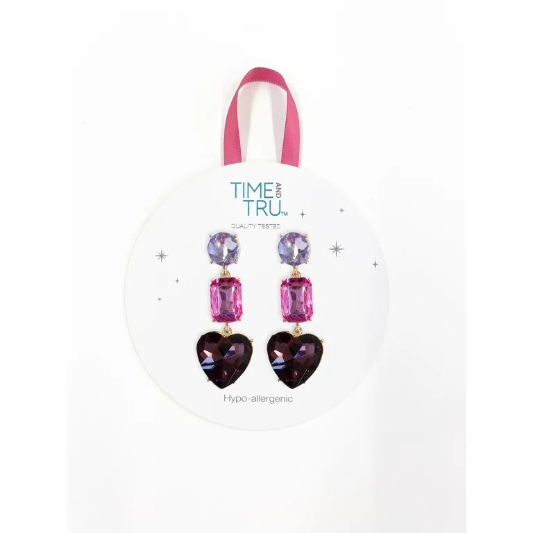 Time and Tru Adult Ladies Purple Pink Wine Stone Heart Drop Earring, 1 pack, Single Pair Earring | Walmart (US)