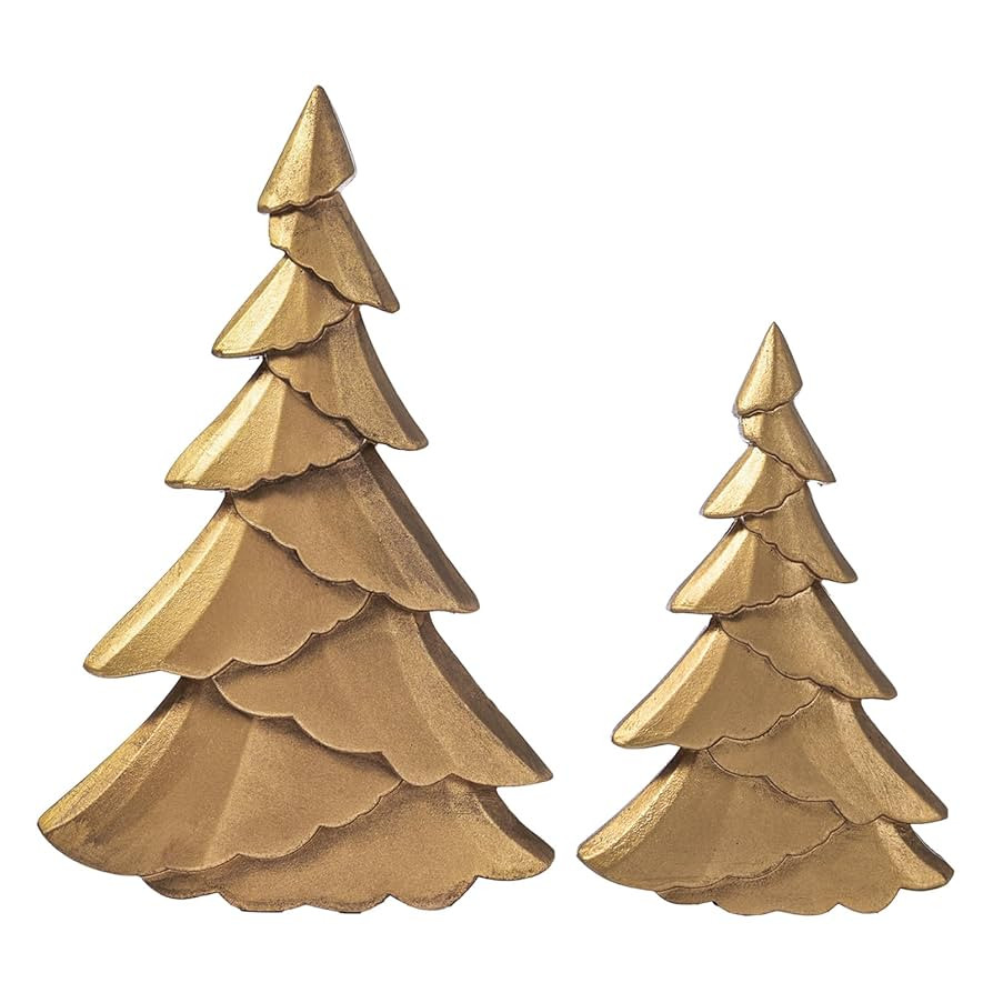 RM ROOMERS Christmas Tree Figurines Wooden, Set of 2 Gold Christmas Tree Vintage Tabletop Xmas St... | Amazon (US)