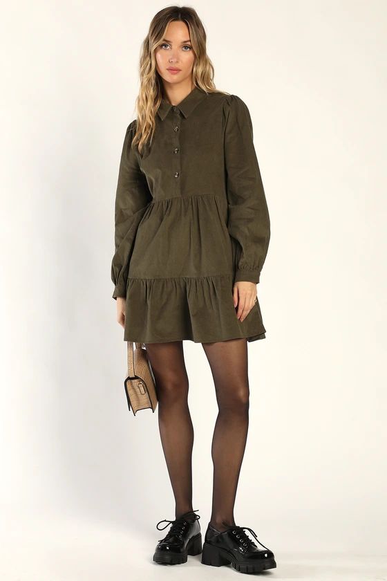 Sweetheart Vibe Olive Green Corduroy Tiered Mini Dress | Lulus (US)