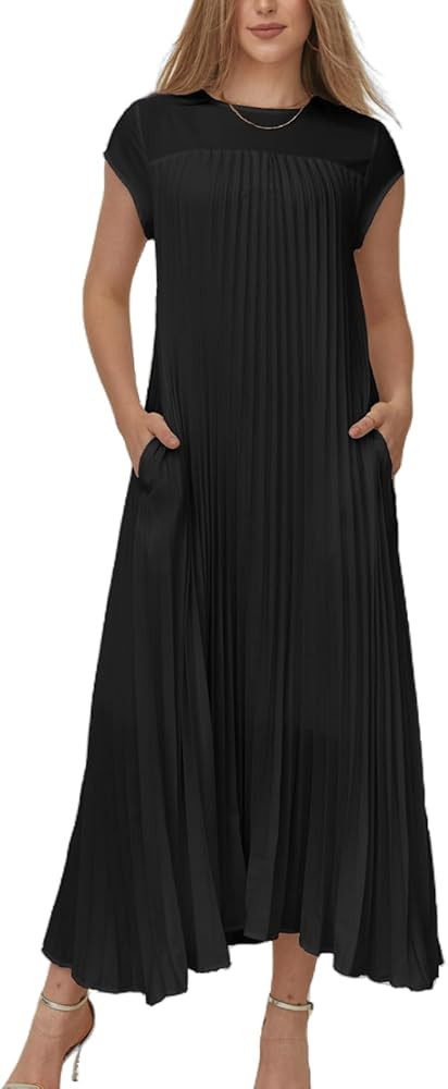 KEOMUD Women Summer Pleated Maxi Dress Casual Short Sleeve Crewneck Flowy Swing Long Dress with P... | Amazon (US)