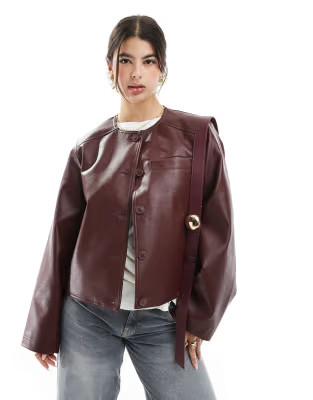 ASOS DESIGN collarless clean leather look jacket in burgundy | ASOS (Global)