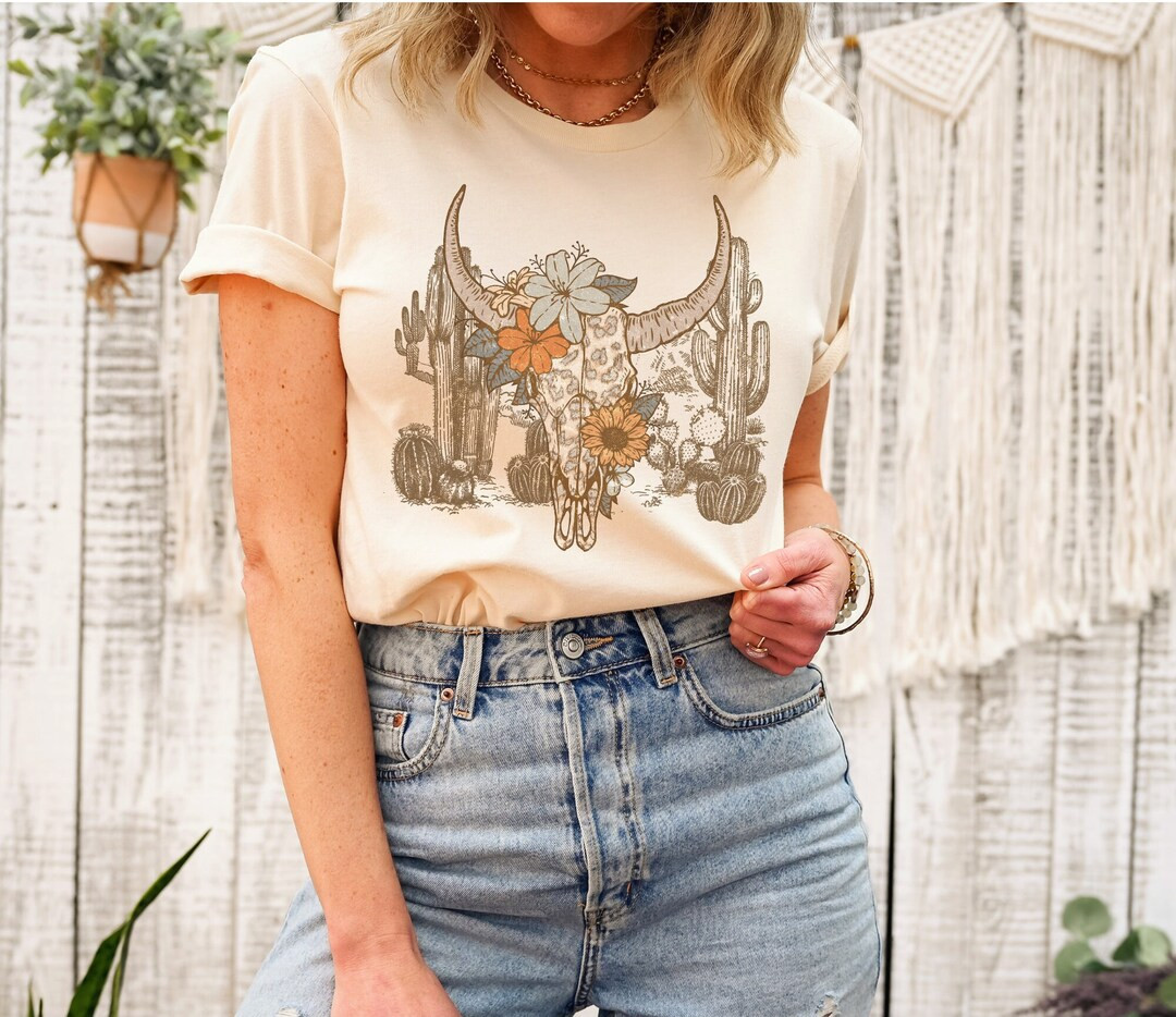 Boho Western Shirt Longhorn Shirt Boho Skull Shirt Western - Etsy | Etsy (US)