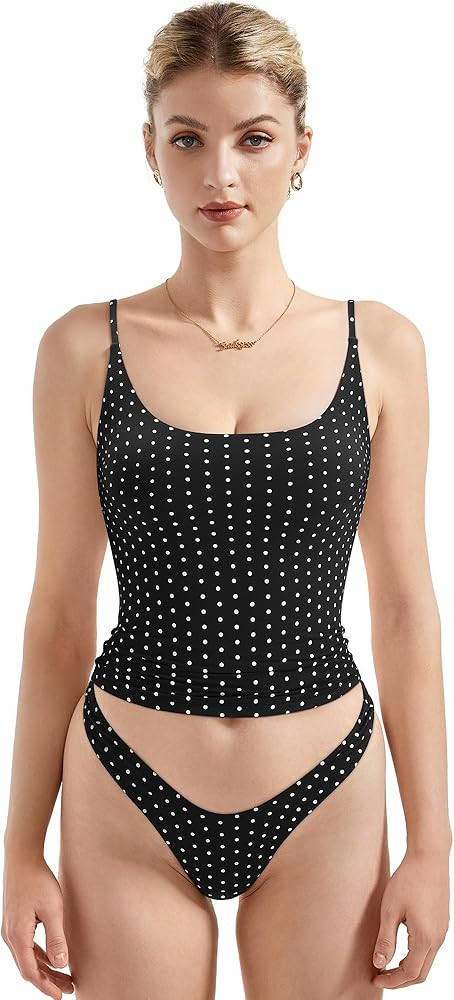 SUUKSESS Women Padded Scoop Neck Tank Tops Double Line Going Out Basic Camisole Top | Amazon (US)