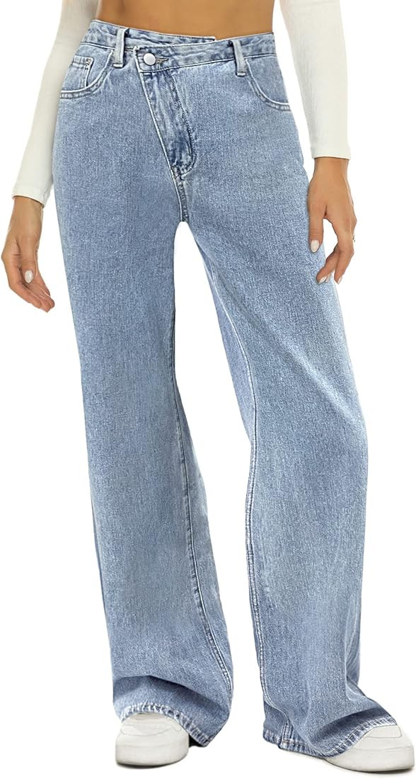 HDLTE Women Wide Leg Jeans High Waist Baggy Jeans Loose Boyfriend Jeans Denim Pants Y2K | Amazon (US)