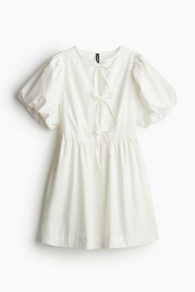 Tie-detail Puff-sleeved Dress - Round Neck - Short sleeve - Black - Ladies | H&M US | H&M (US + CA)