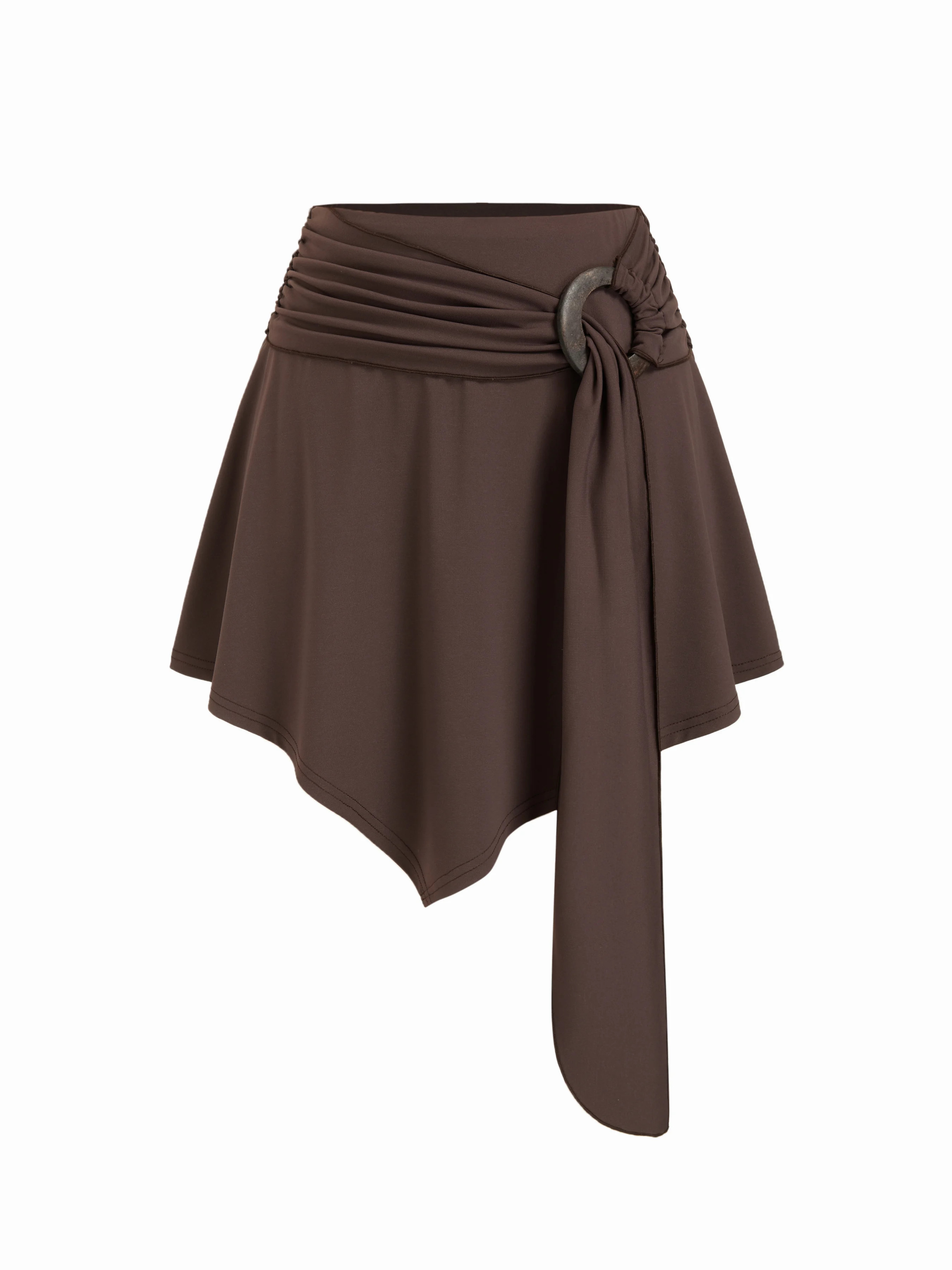 Knit Fabric Mid Rise Asymmetrical Belted Flared Mini Skirt For Daily Casual | Cider