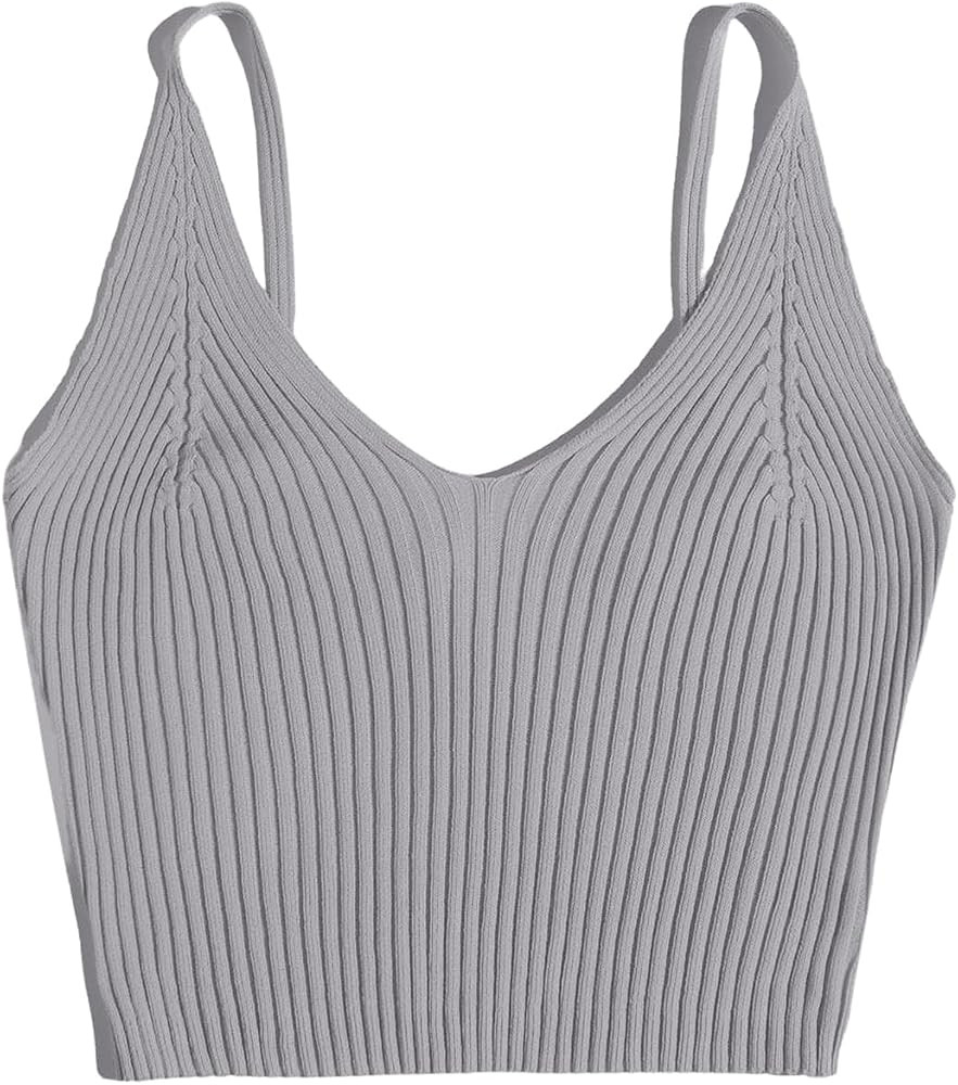 SweatyRocks Women's V Neck Crop Cami Top Ribbed Knit Spaghetti Strap Sleeveless Vest | Amazon (US)