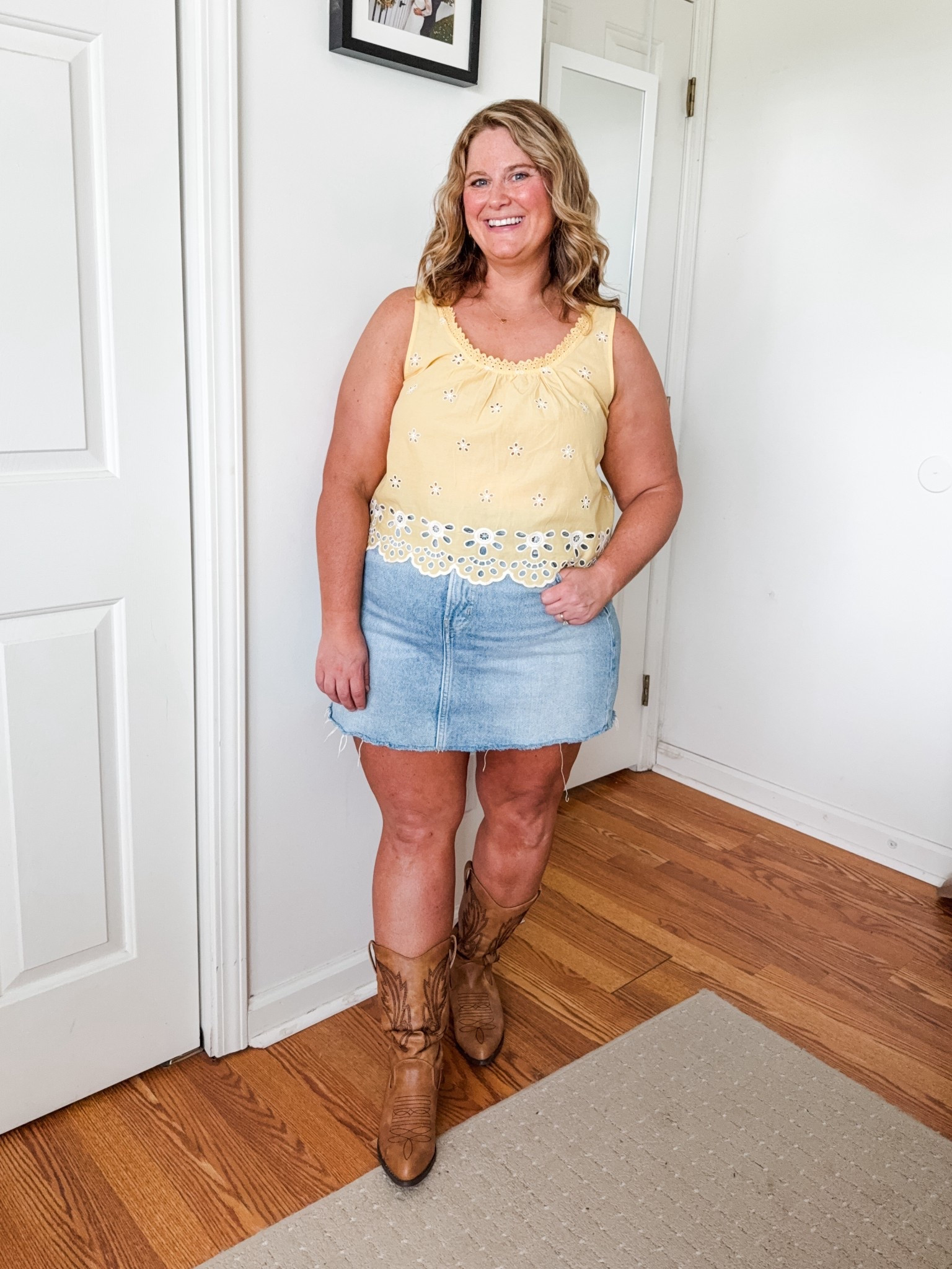 Country concert outfit idea - eyelet tank in a fun color and a denim skirt.

#LTKMidsize #LTKSeasonal #LTKFindsUnder50