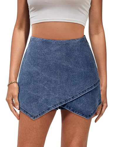 Luvamia Womens Asymmetrical Denim Skort - Blue Jean Skort for Women - Summer Casual Skirt - Size 4 / 6 | Amazon (US)