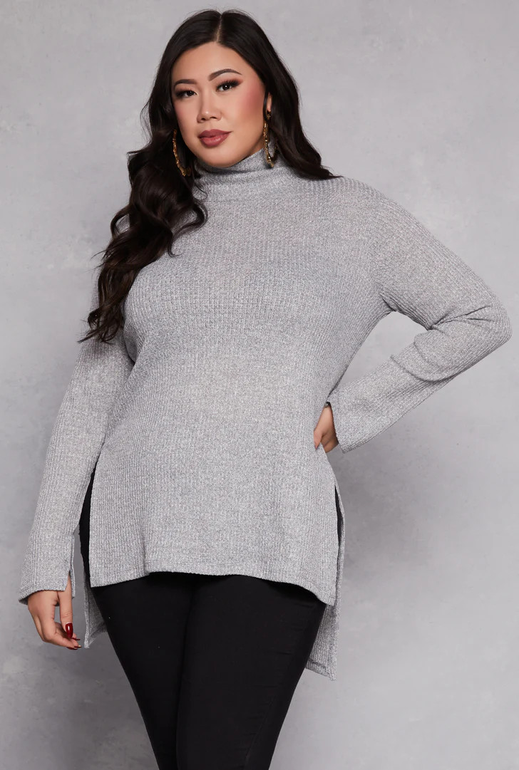 Plus Size Waffle Knit Turtleneck Tunic Top | Rainbow Shops