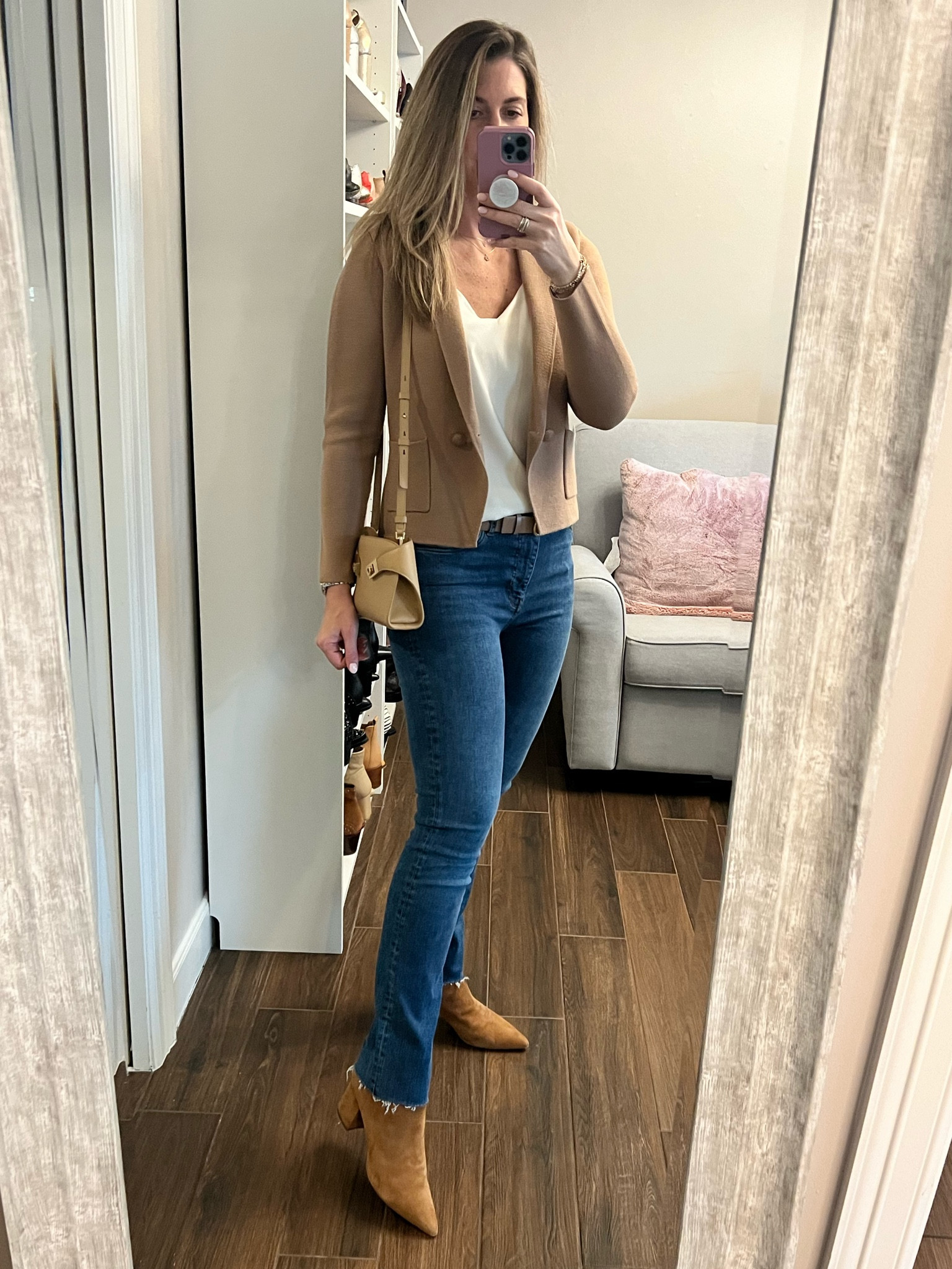 Can’t go wrong with cream, camel and brown. It may be my favorite color combo. 

Cami runs TTS. Wearing a small.
Blazer runs TTS. Wearing a medium.
Jeans run TTS. Wearing a 28. (On sale!) Linked the standard length too (I’m wearing the long here.)
Boots run TTS. Wearing a 10. They’re so comfy I got them in two colors!

#LTKOver40 #LTKShoeCrush #LTKStyleTip
