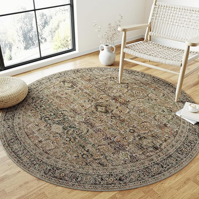 8x8 Washable Round Rug Brown Vintage Distressed Entryway Kitchen Non Slip Area Rug Living Room Be... | Amazon (US)