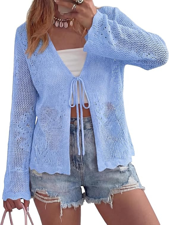 BTFBM Summer Cardigans for Women Lightweight 2026 Spring Crochet Hollow Out Long Sleeve Tie Front... | Amazon (US)