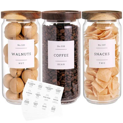 3 Set Glass Pantry Storage Jars With Acacia Airtight Lid - 35Oz Thicken Glass Kitchen Canisters With 132 Pantry Labels - Clear Glass Food Storage Cont | Wayfair North America