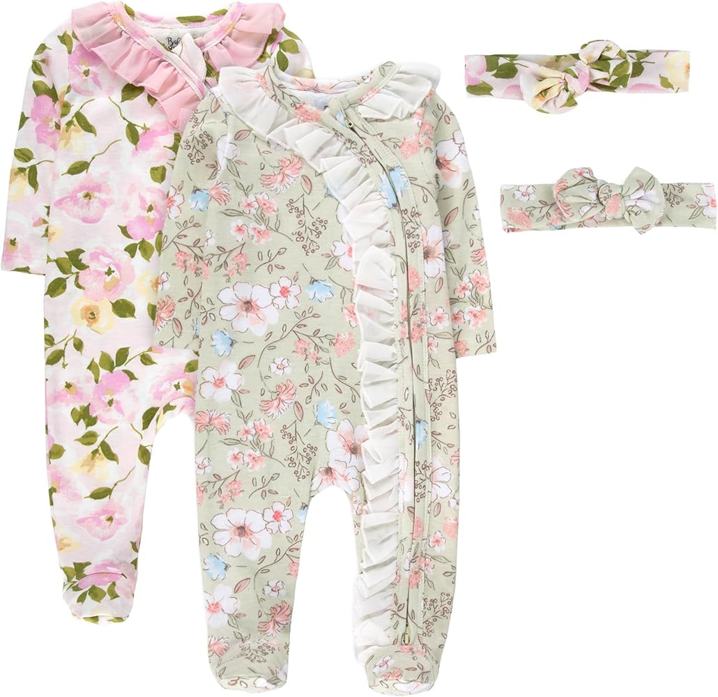 Baby Essentials Baby Girl Sleepers,4 Piece Outfit Set, Romper Footies and Headband – All Season... | Amazon (US)